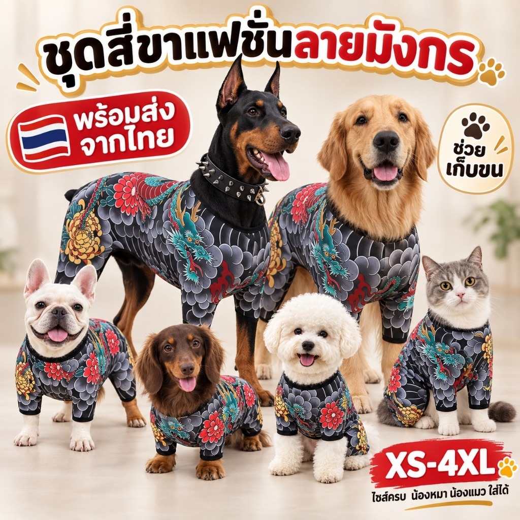 Cool Tattoo พิมพ์สุนัขสี่ขา Jumpsuit ดอกไม้มังกรรูปแบบ Breathable Anti-Shedding สัตว์เลี้ยงบอดี้สูทสําหรับสุนัขแมว XS-4XL