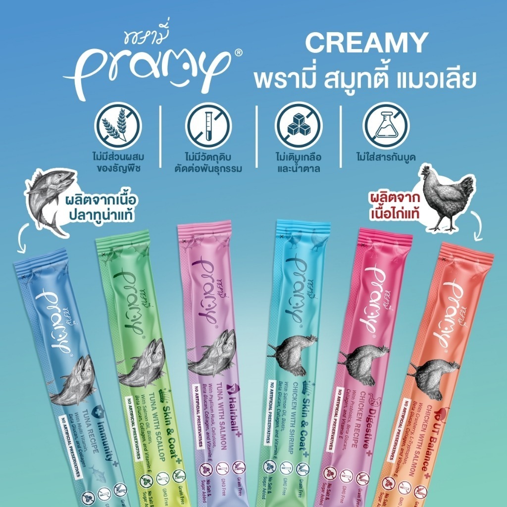24-48 แท่ง] Pramy พรามี่ สมูทตี้ แมวเลีย ผลิตจากเนื้อปลาทูน่าและเนื้อไก่แท้ ขนาด 14g