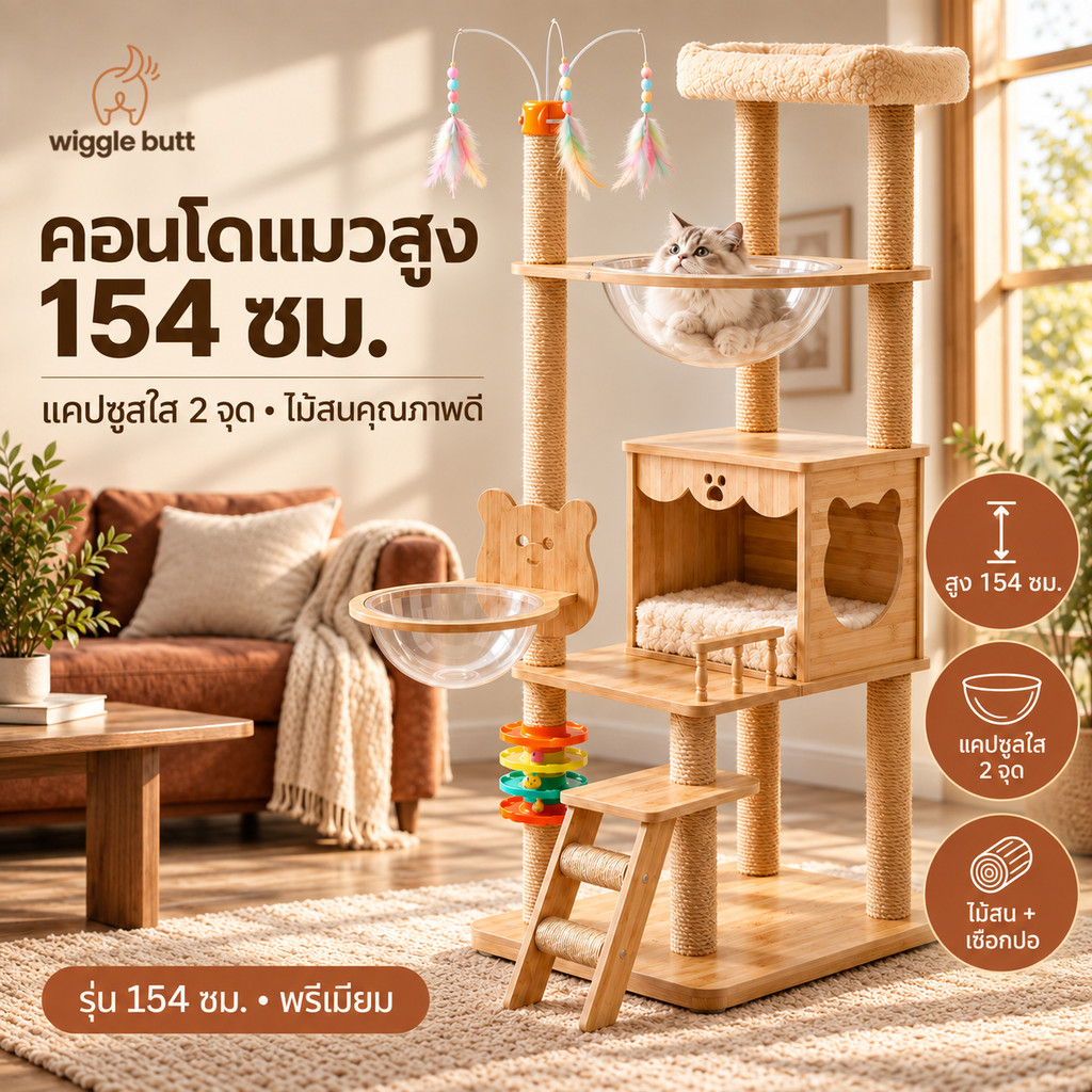 WiggleButt】คอนโดแมว XXL ขนาดใหญ่ บ้านแมวไม้ พร้อมโดมใส 360° ที่ลับเล็บแมว และของเล่นแมวครบชุด