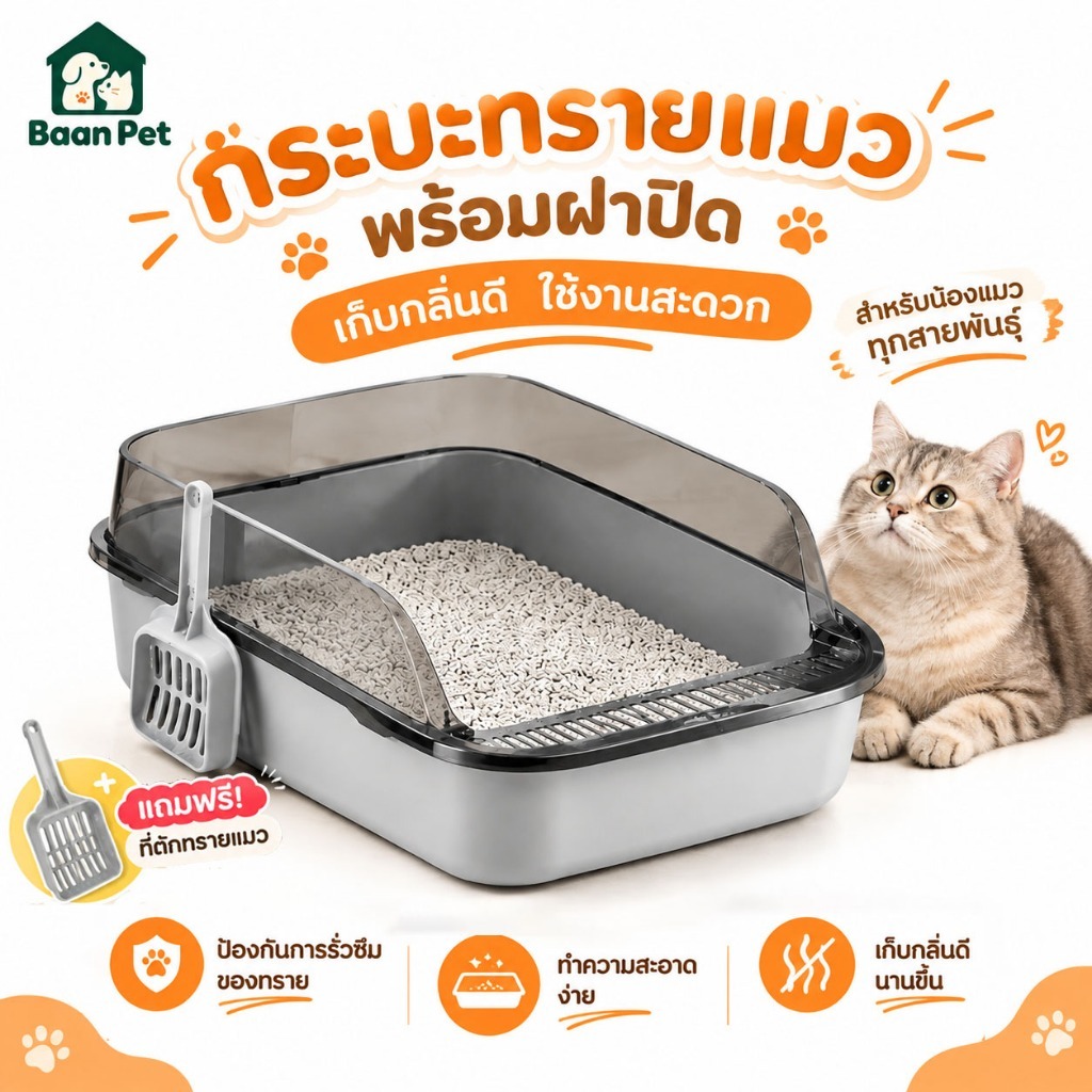 กระบะทรายแมวขนาดใหญ่ ขอบสูง กันทรายกระเด็น ฟรีพลั่วตักทราย ทนทาน ใช้ได้นาน