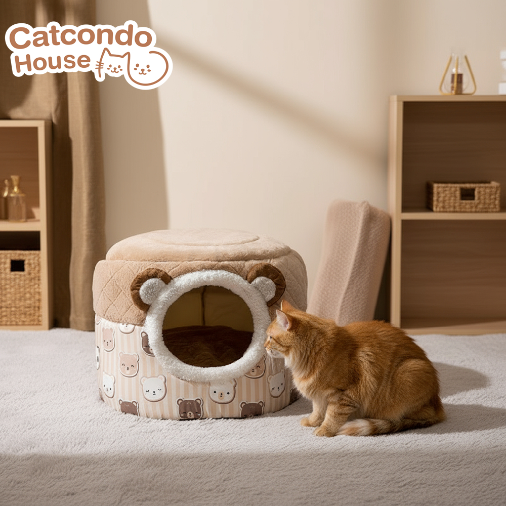 Cathouse บ้านโดม(กลมสีเทา) , บ้านโดม(หมีกลมน้ําตาล) บ้านแมวทรงกระท่อม หูหมีน่ารัก มีเบาะในตัว พับเก็บได้
