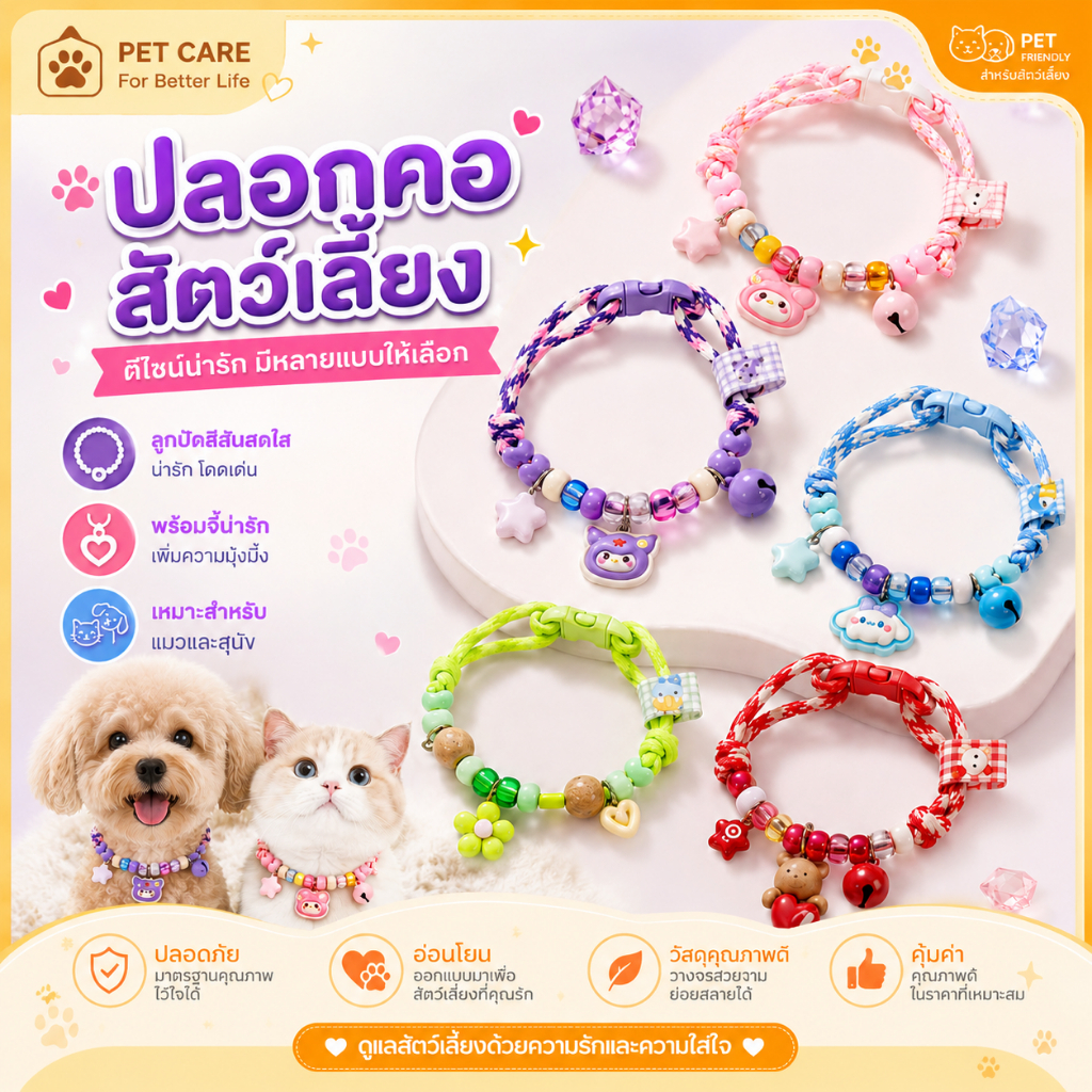 PET CARE】ปลอกคอสัตว์เลี้ยง ปลอกคอแมว ปลอกคอสุนัข พร้อมกระดิ่งและจี้น่ารัก ปรับขนาดได้
