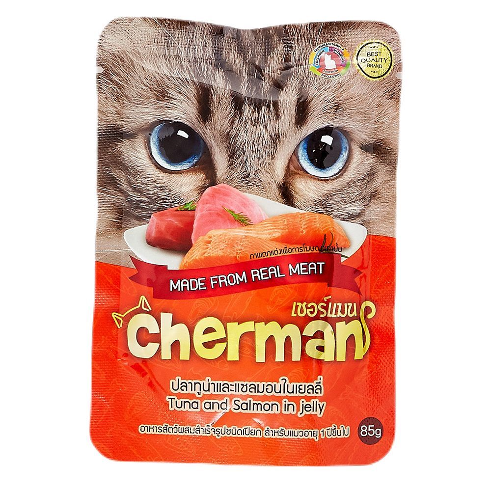 เชอร์แมน อาหารเปียก ทูน่าแซลมอนเยลลี่85ก CHERMAN POUCH TUNA SALMON IN JELLY 85G