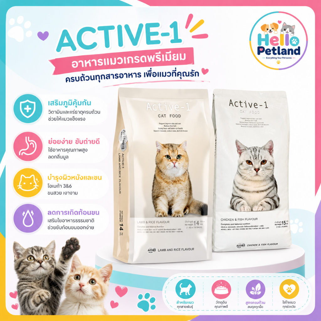 14-15 กก.)อาหารแมว Active-1(แอ็คทีฟ วัน) ขนาด 14-15 กก. สําหรับแมวอายุ 4 เดือนขึ้นไป