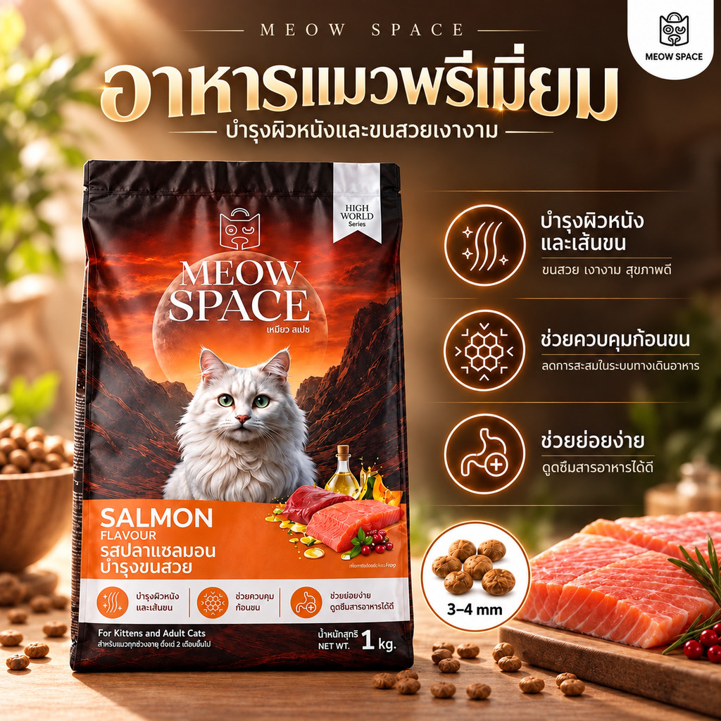 อาหารเม็ดแมวอายุ 2 เดือนขึ้นไป รสปลาแซลมอน สูตรบํารุงขนสวย 1 กิ โล โปรตีนสูง 30 % เม็ดเล็กเคี้ยวง่าย