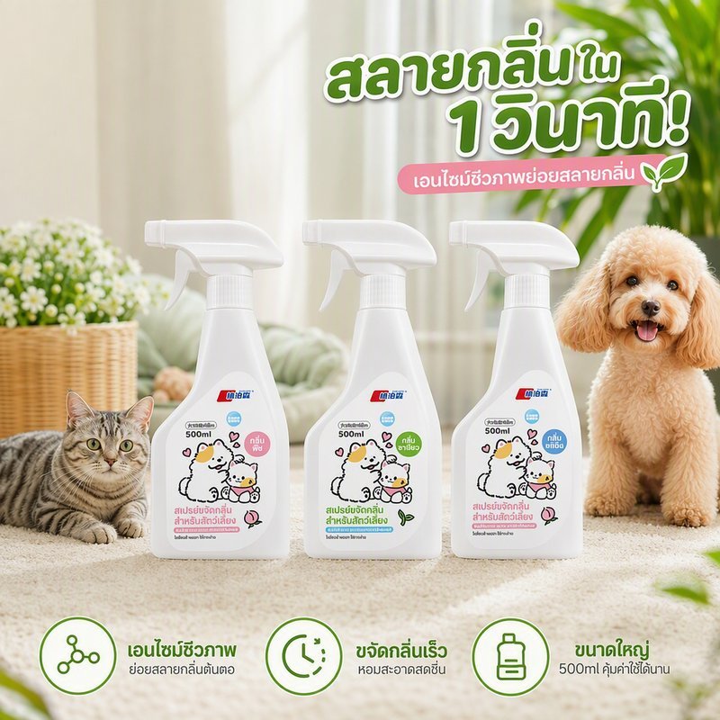 สเปรย์ดับกลิ่นสัตว์เลี้ยง เอนไซม์ชีวภาพ ขจัดกลิ่นฉี่แมว อุจจาระ ทรายแมว ฆ่าเชื้อ 500ml