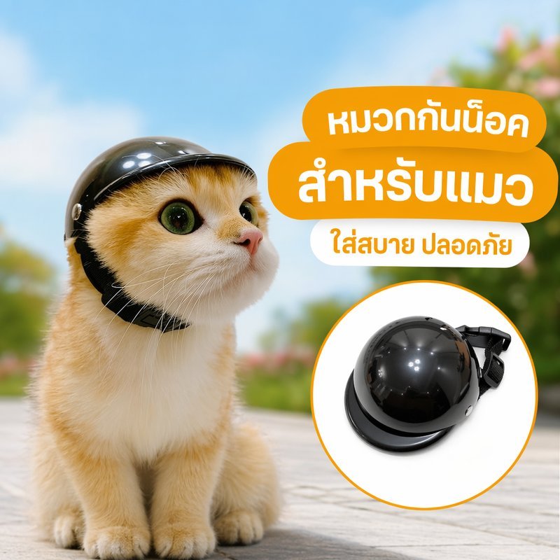 หมวกกันน็อคสัตว์เลี้ยง หมวกแมว หมวกสุนัข พลาสติก ABS ปรับสายรัดได้ สีดํา