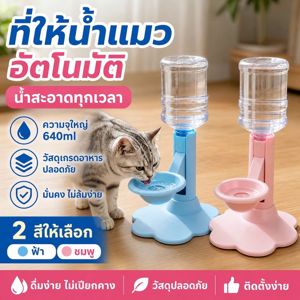 ที่ให้น้ําแมวอัตโนมัติ ปรับระดับความสูงได้ ขวดน้ํา 640ml ฐานรูปดอกไม้กันล้ม วัสดุเกรดอาหาร ถอดล้างง่าย ป้องกันเปียกคาง
