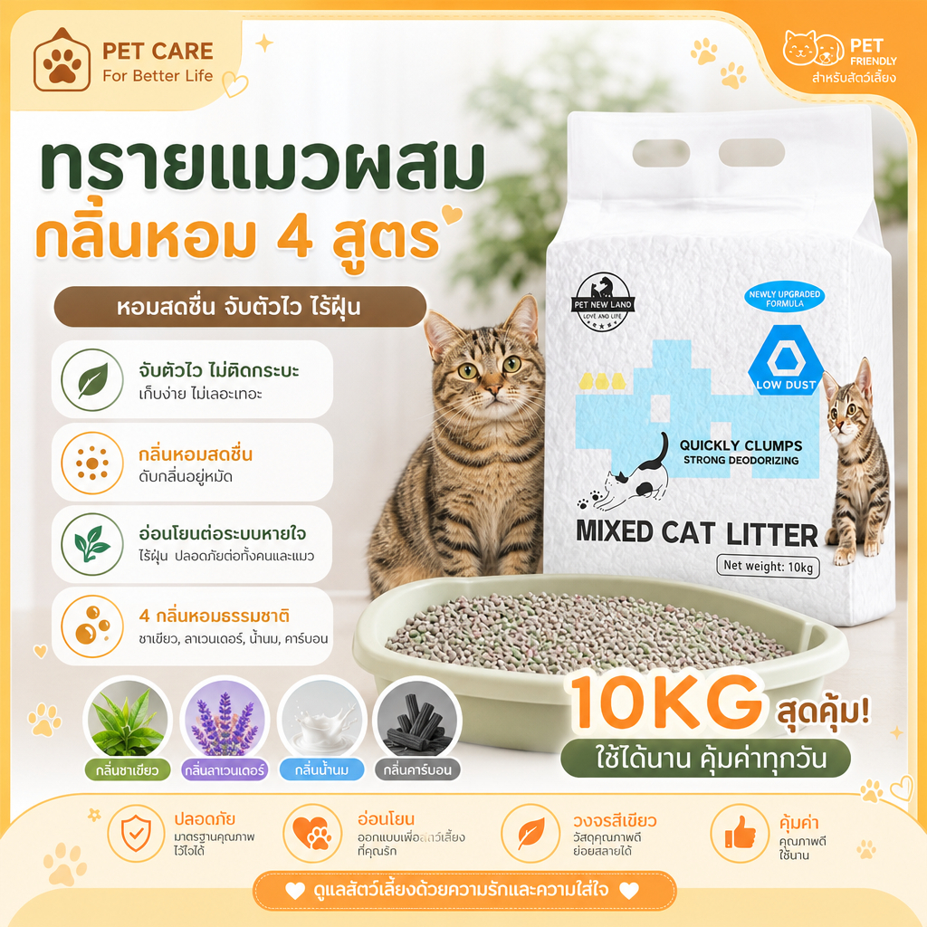 PET CARE】ทรายแมวเต้าหู้ 2KG ลิตร.ทรายเต้าหู้ ผลิตจากกากถั่วเหลืองธรรมชาติทราย ละบายกลิ่นได้ดี มีให้เลือก 4กลิ่น