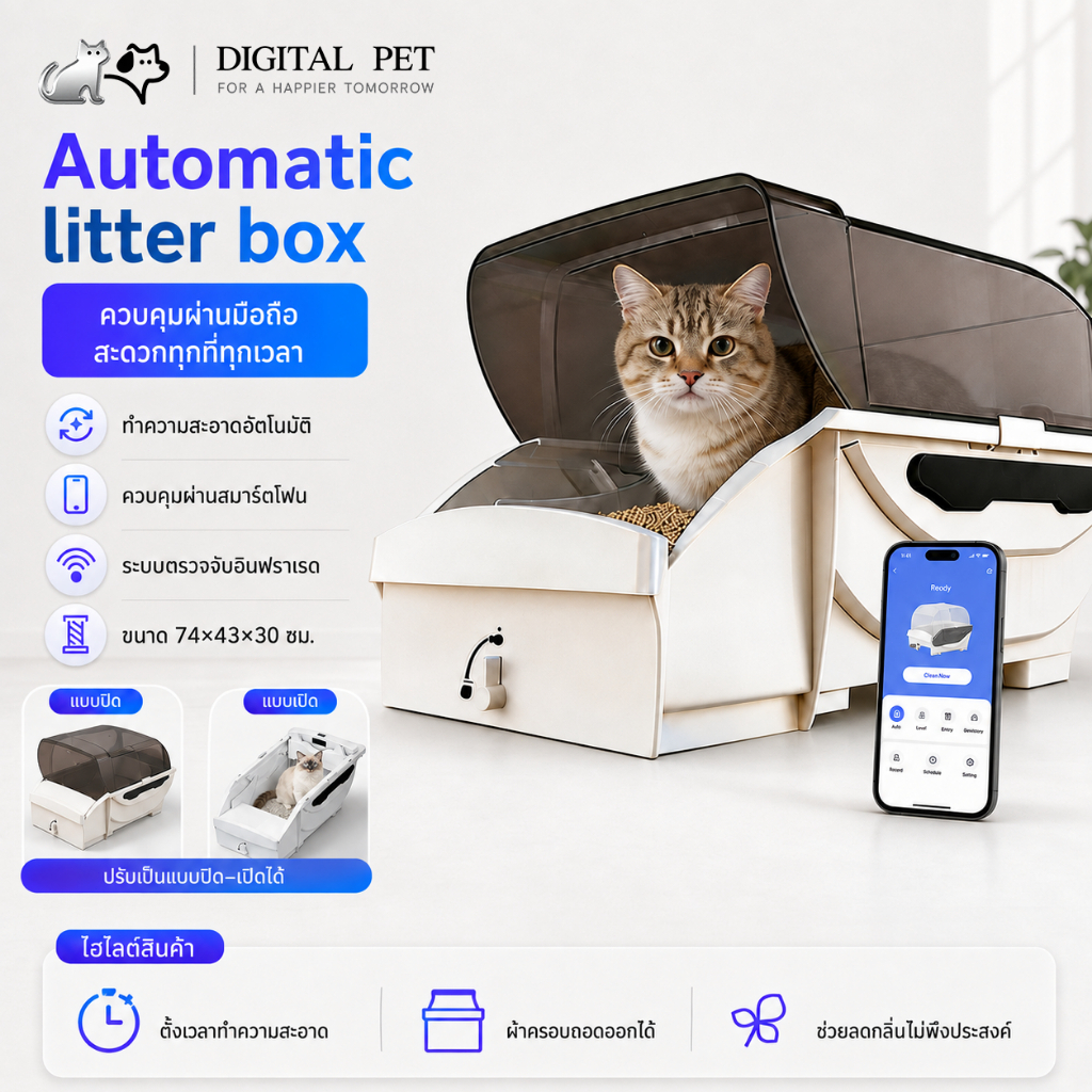 ห้องน้ําแมวอัจฉริยะ cat litter box open-top ห้องน้ําแมวอัตโนมัติรุ่น ห้องน้ําเเมวแบบอัตโนมัติ ห้องน้ําแมวใหญ่