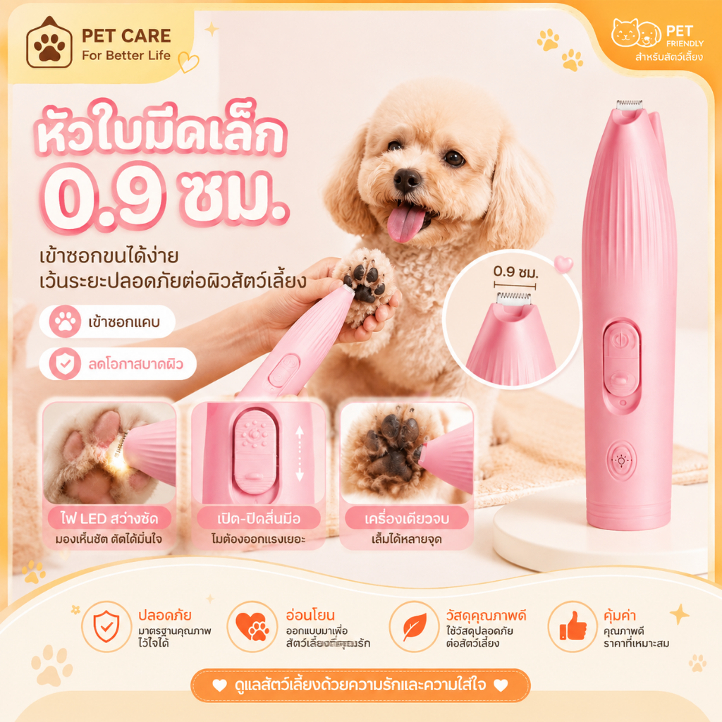 ครื่องโกนขนเท้าสุนัขแมวไฟฟ้า มีไฟ LED ตัดขนระหว่างนิ้ว ไม่บาดผิวหนัง ชาร์จ USB ใช้ได้ทั้งสุนัขและแมว