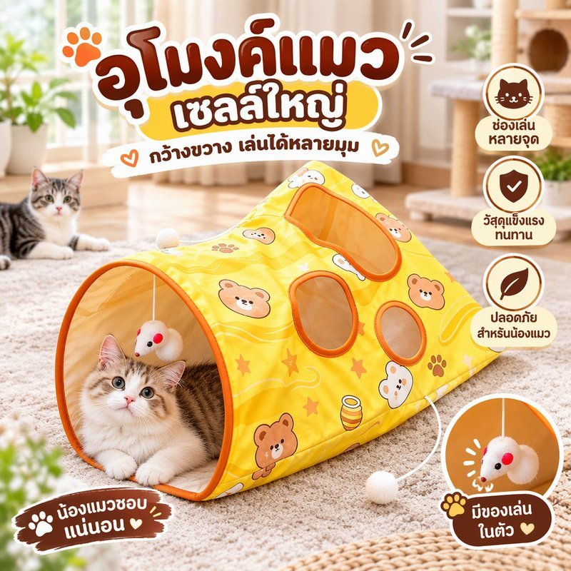 อุโมงค์แมว ของเล่นแมวมุด พื้นที่กว้าง เล่นได้หลายตัว มีเสียงกรอบแกรบ พร้อมตุ๊กตาหนูแขวน
