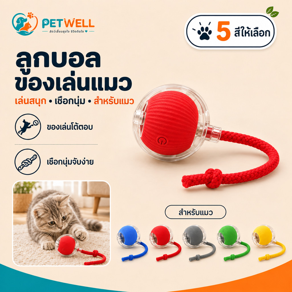 ลูกบอลของเล่นแมวแบบโต้ตอบ PETWELL สําหรับแมวและสัตว์เลี้ยงลูกแมว ทีเซอร์อัตโนมัติอัจฉริยะ ชาร์จ USB