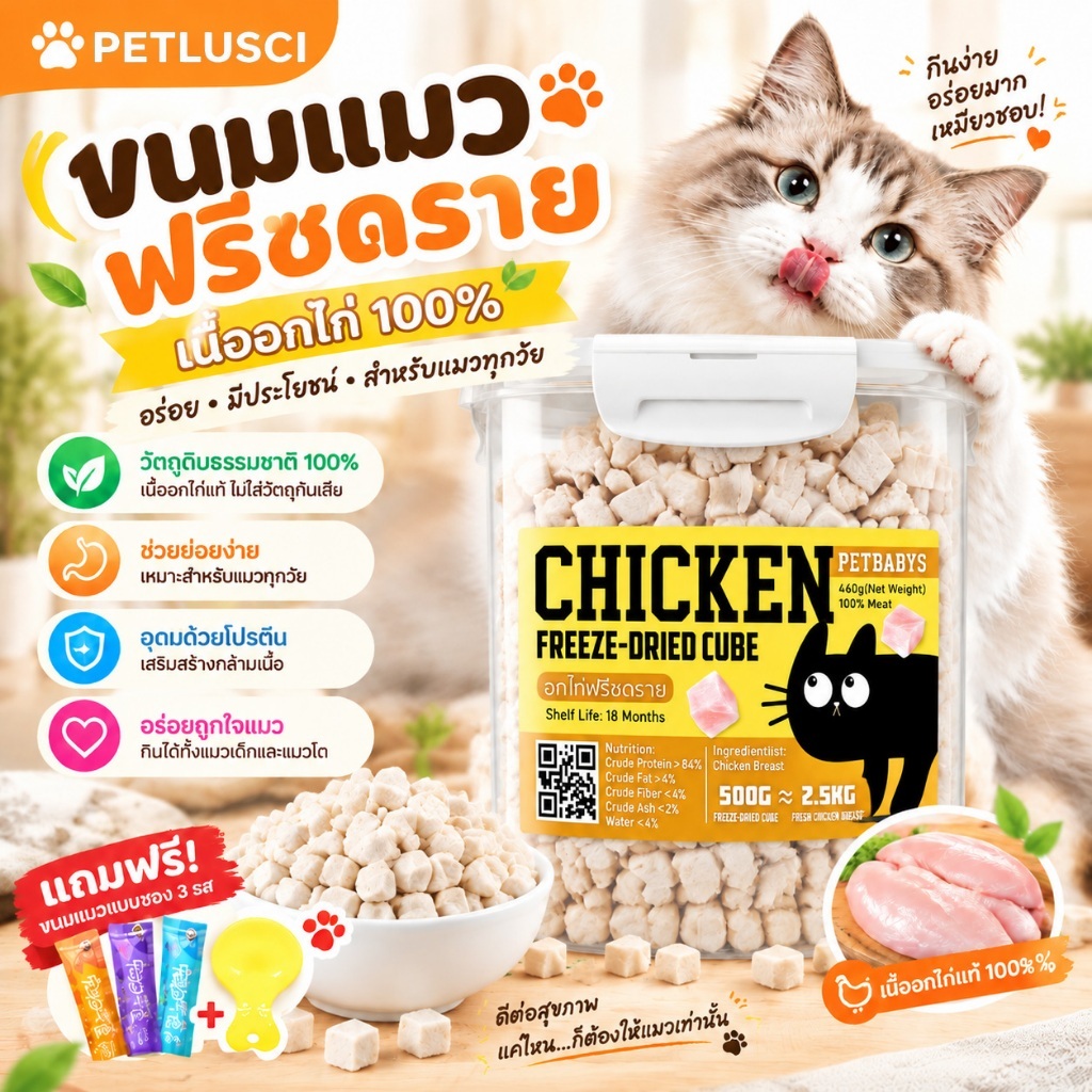 อกไก่ฟรีซดราย 100%ธรรมชาติ ฟู้ดเกรด 640g ขนมแมว ขนมหมา ไร้สารกันเสีย ไม่เค็ม เสริมโปรตีน ฟรีซดรายแมว