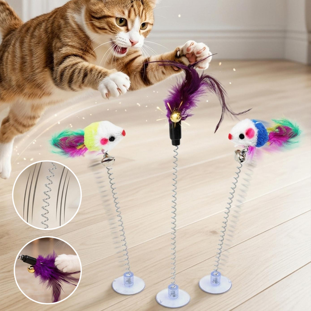 ของเล่นเมาส์แกว่งแบบโต้ตอบสีสุ่มพร้อมถ้วยดูดฤดูใบไม้ผลิและ Feather Design Bell เสียงคุณสมบัติสําหรับแมว