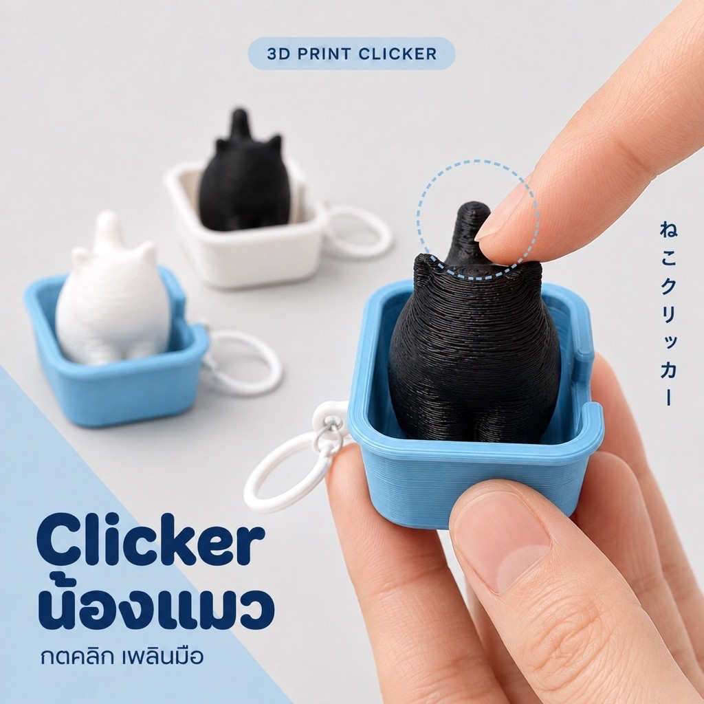 3D Print] Cat Clicker 🐾 น้องแมวจุ๊ดจู๋ในกระบะทราย ของเล่นกดเพลิน พวงกุญแจสุดกวน