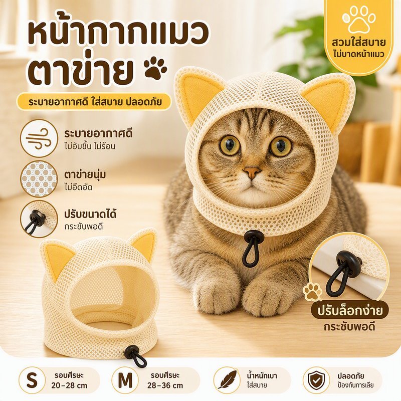 หน้ากากแมวใส ระบายอากาศ ครอบหัว ปิดปากกันกัด กันเลียแผล สําหรับฉีดยา/อาบน้ํา ขนาด S/M