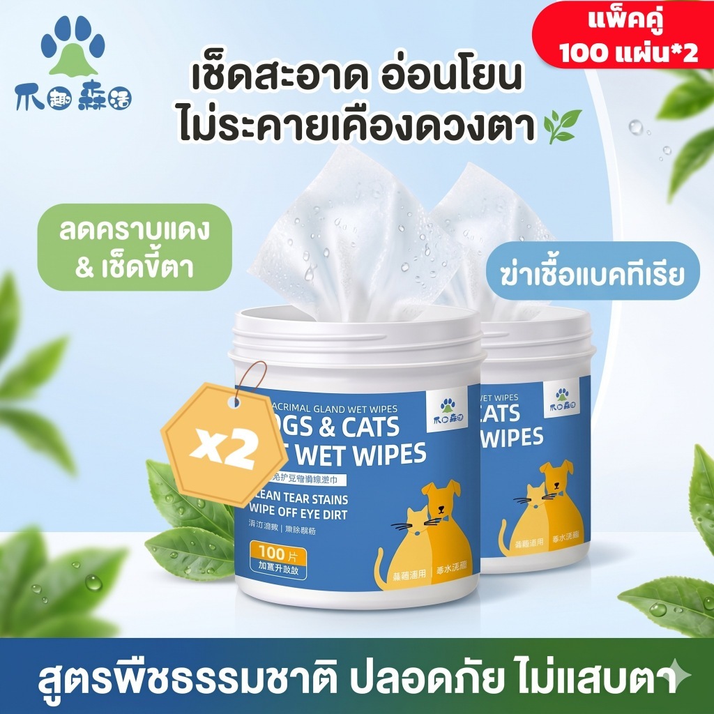 แพ็คคู่]100 แผ่น*2 แผ่นเช็ดตาหมาแมว ทิชชู่เปียกสัตว์เลี้ยง ลดคราบน้ําตา เช็ดขี้ตาแข็ง ลดเชื้อรา สูตรอ่อนโยน ไม่ระคายเคือง สารสกัดธรรมชาติ ปลอดภัย