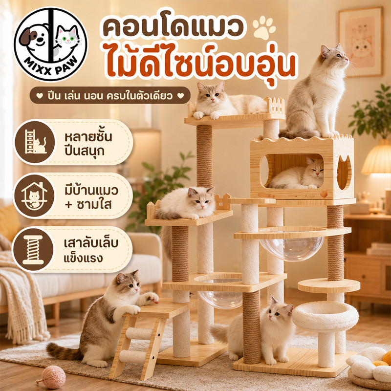 COD 😽 คอนโดแมวไม้ ขนาดใหญ่ หลุมอวกาศ เตียงแมวไม้ ปราสาทขนาดใหญ่ โครงปีน+บันได+กล่องนอน เสาลับเล็บ