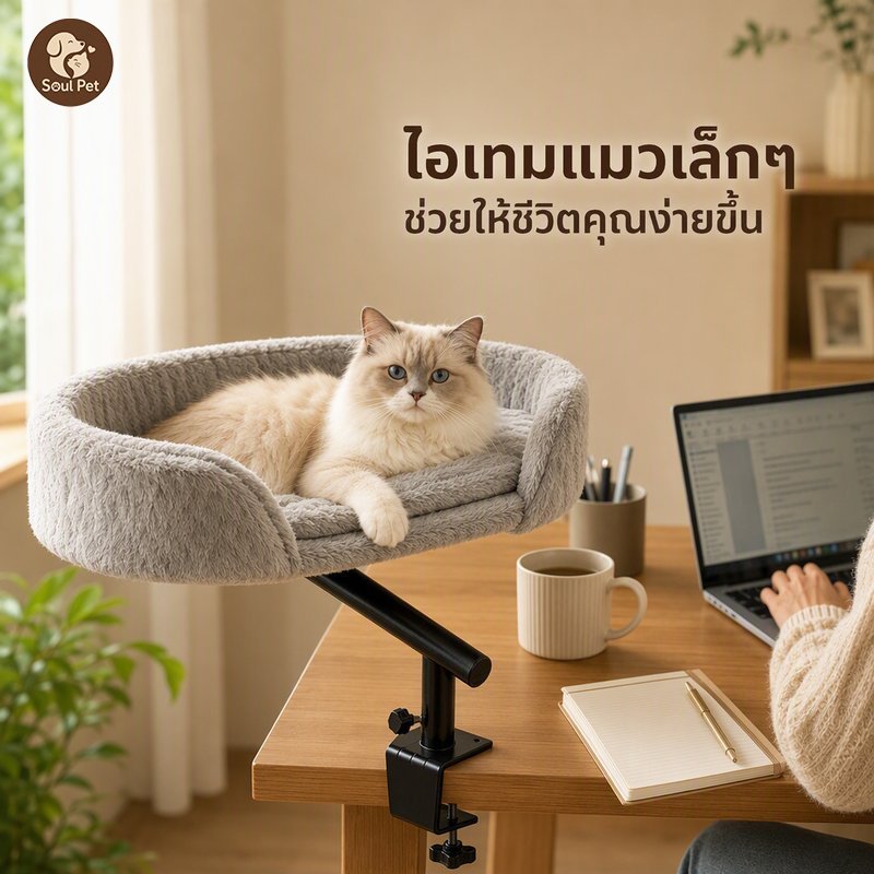 ที่นอนแมวแขวนข้างโต๊ะ หนีบโต๊ะ หมุนได้ 360 องศา โครงเหล็ก เบาะนุ่ม ถอดซักได้ รับน้ําหนัก 20