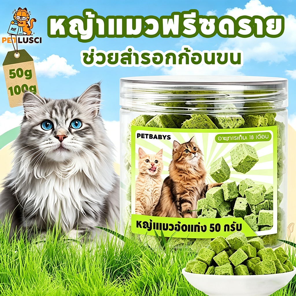 หญ้าแมวฟรีซดราย ขนมแมว 150 กรัม อกไก่ผสมต้นอ่อนข้าวสาลีฟรีซดราย ช่วยสํารอกก้อนขน หอม ทานง่าย