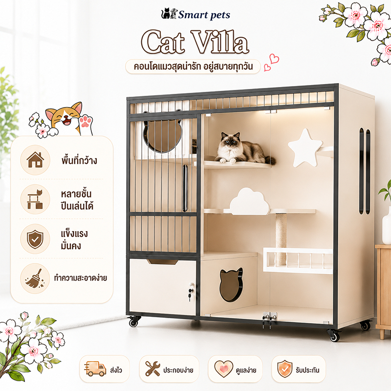 วิลล่าไม้เนื้อแข็งตู้แมว Cat Villa กรงแมวไม้ กรงแมว บ้านแมว วิลล่าแมวไม้ อพาร์ตเมนท์แมวไม้ กรงสัตว์เลี้ยง กรงแมวขนาดใหญ่
