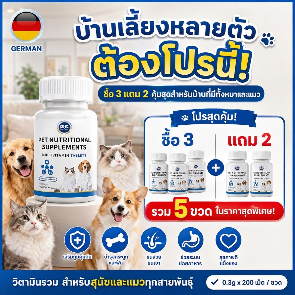 บ้านเลี้ยงหมาแมวต้องมี! วิตามินรวม 200 เม็ด ซื้อ 3 แถม 2