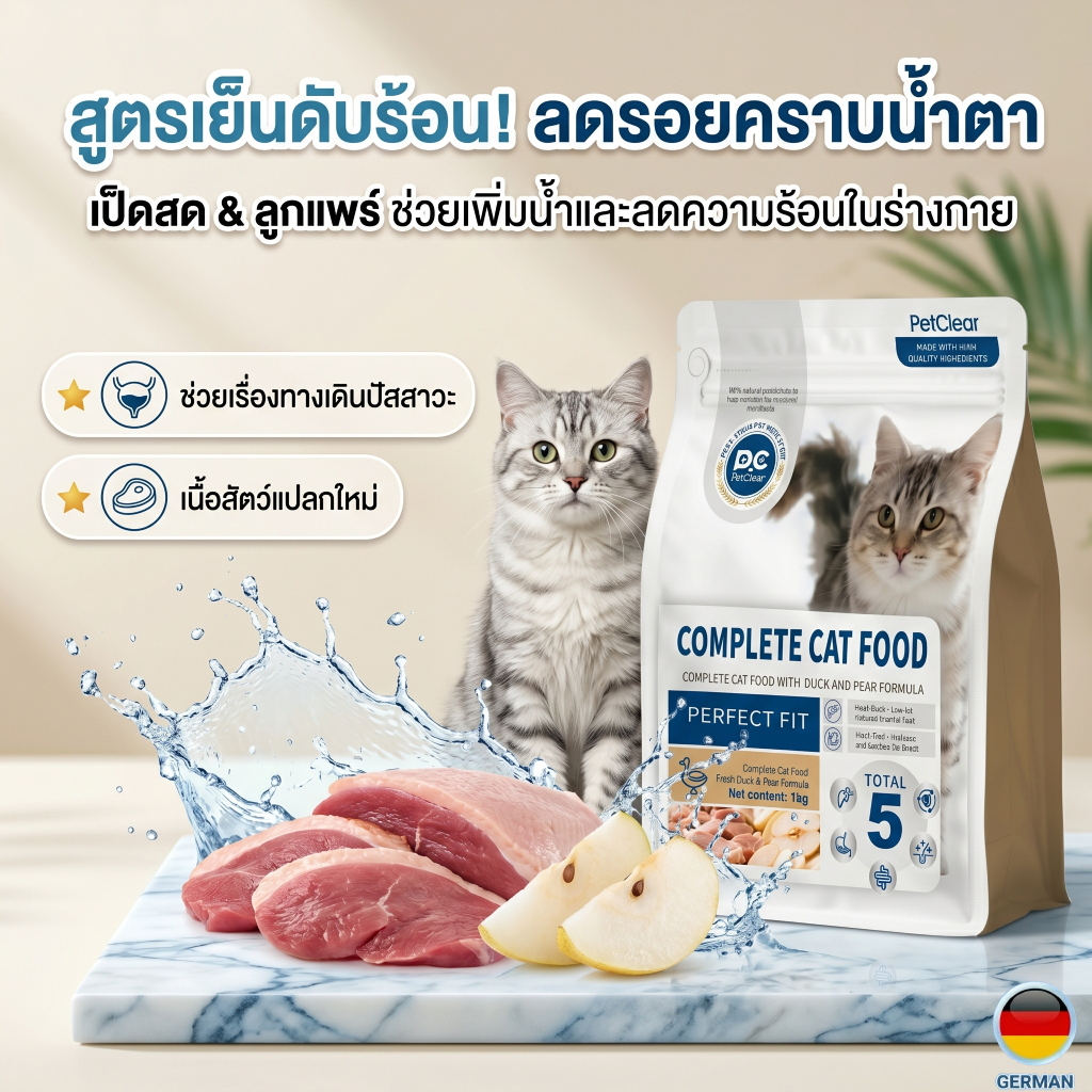 PetClear] อาหารแมวพรีเมียม เนื้อแท้ 75% โปรตีน 42% สูตรเนื้อห่านและคริลล์ออยล์ บํารุงขนสวยเงางาม