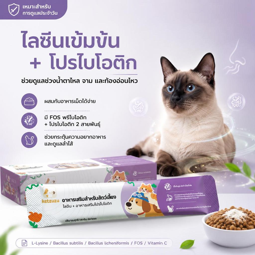 Ketzuzu 12/24 แพ็ค วิตามินแมว อาหารเสริมแมว ไลซีนโปรไบโอติก ดูแลทางเดินหายใจและลําไส้ 14g