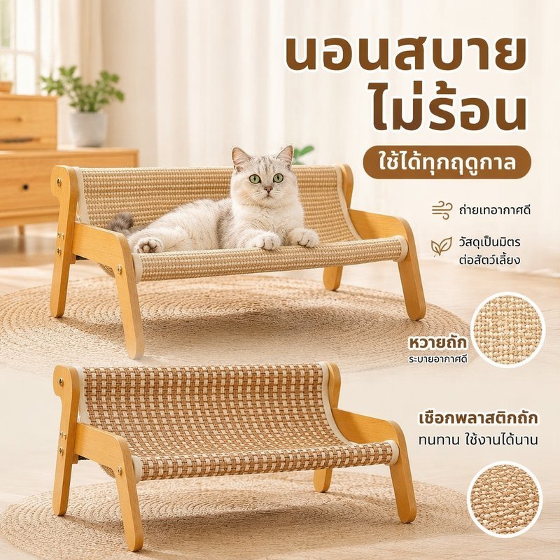 เตียงแมวไม้ ทรงโซฟา พร้อมที่ลับเล็บ ระบายอากาศ ที่นอนแมว ยกพื้น เบาะลินิน