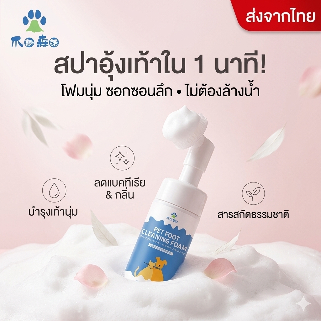 โฟมล้างเท้า หมาแมว ไม่ต้องล้างออก หัวแปรงซิลิโคนนุ่ม ยับยั้งแบคทีเรีย ดับกลิ่น บํารุงอุ้งเท้า ธรรมชาติ เลียได้ ปลอดภัย 150ml