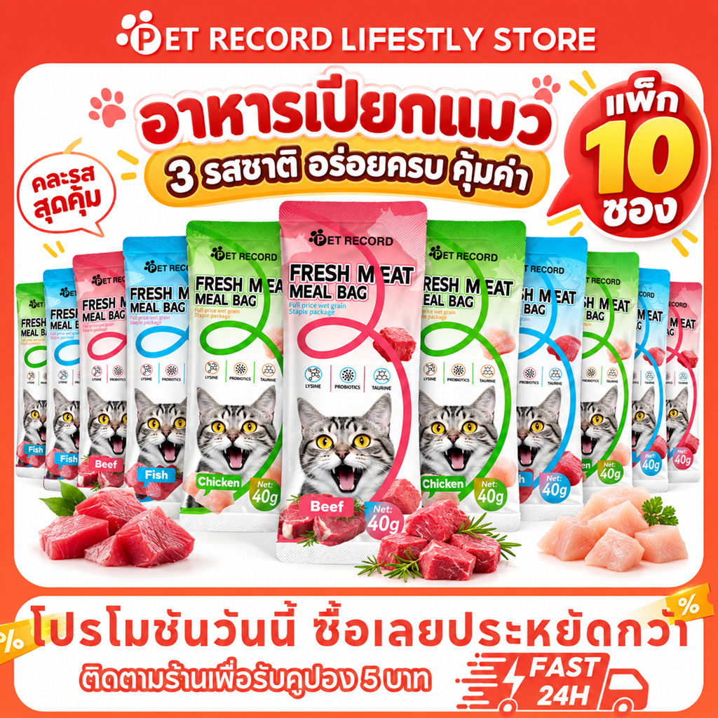 PET Record อาหารเปียกแมว 40g อาหารแมว ขนมแมวเลีย โปรตีนสูง ย่อยง่าย สําหรับแมวทุกวัย