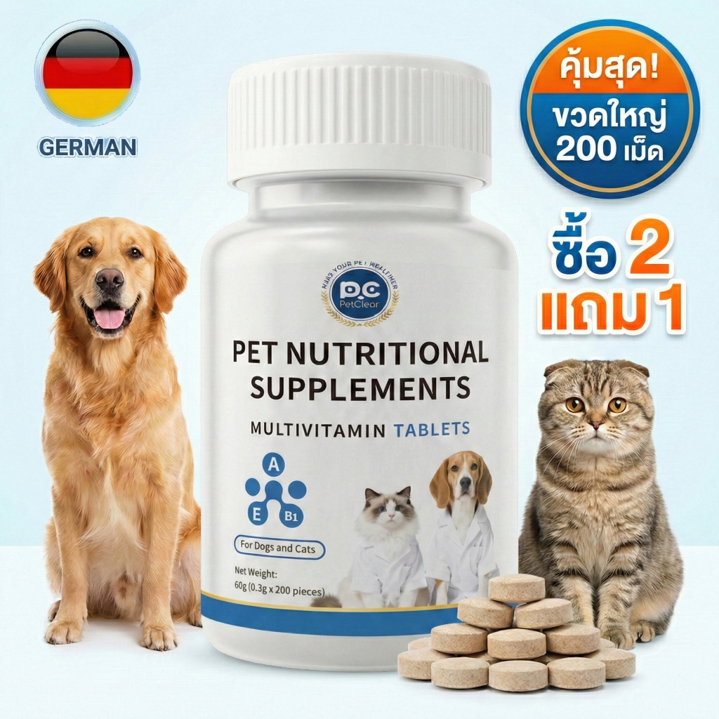 คุ้มสุด! PetClear วิตามินรวม 200 เม็ด บํารุงครบ จบในขวดเดียว สําหรับสุนัขและแมว (MultivitaminDog& Cat)