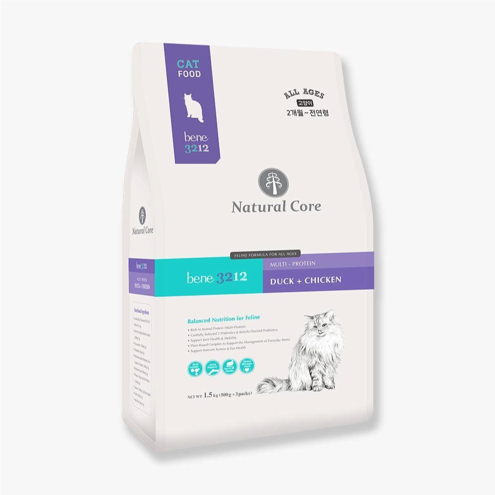 Natural Core Bene 3212 Duck + Chicken อาหารเม็ดสําหรับแมว สูตรโปรตีนจากเนื้อเป็ด เนื้อไก่ และปลา