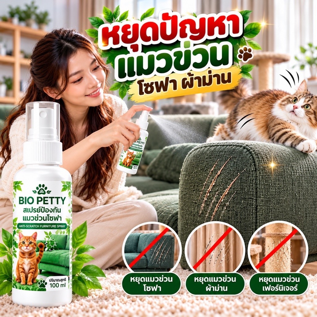 Bio Petty สเปรย์ป้องกันแมวข่วนโซฟา ฉีดปุ๊บ แมวหนีปั๊บ และไม่กลับมาข่วนอีกเลย
