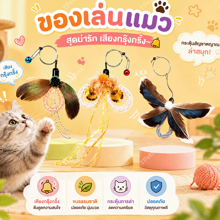 หัวไม้ตกแมวรูปแมลงจําลอง ขนนกสมจริง ใช้แทนหัวเดิมได้ เหมาะกับไม้ตกแมวทุกรุ่น ดึงดูดแมวให้ไล่จับ แก้เบื่อ ปลอดภัย