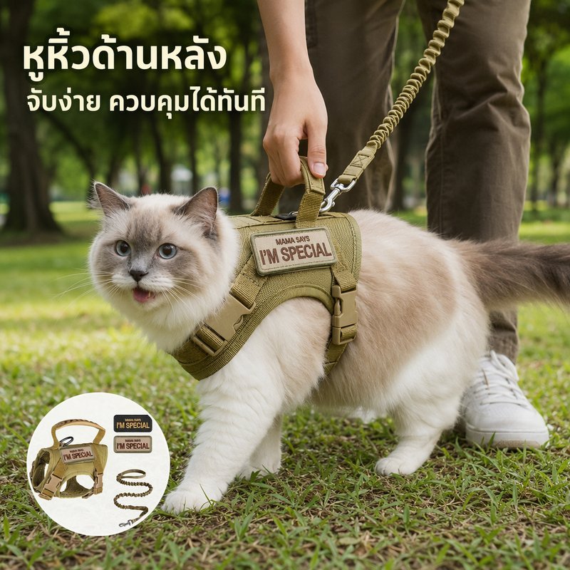 สายจูงแมว เสื้อกั๊กแมว ระบายอากาศ ปรับคอหน้าอก หัวเข็มขัด POM มีที่จับ ปลอดภัย ใส่เดินเล่น