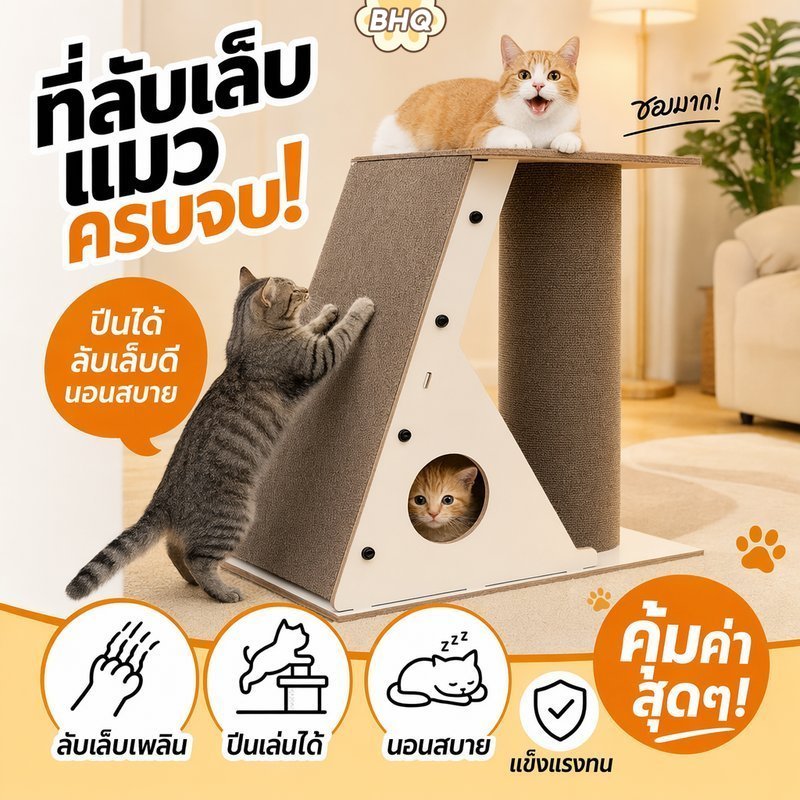 BHQ Cat Scratcher คอนโดกระดานลูกฟูกกรอบซ่อนส่วนที่เหลือเล่นทนทานมั่นคงประกอบง่าย