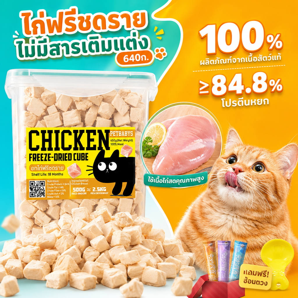 อกไก่ฟรีซดราย 100% ฟู้ดเกรด ไม่ปรุงรส ไม่มีสารกันบูด โปรตีนสูง 50/100/500g ขนมแมว ขนมหมา