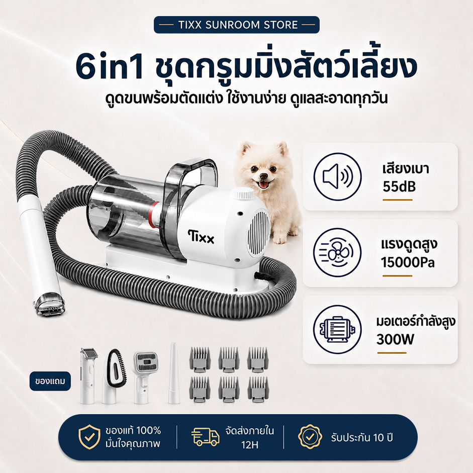 ชุดกรูมมิ่งสัตว์เลี้ยง 6in1 ปัตตาเลี่ยนตัดขนหมาแมว 15000Pa พร้อมเก็บขน 2.5L Pet Grooming Vacuum Kit