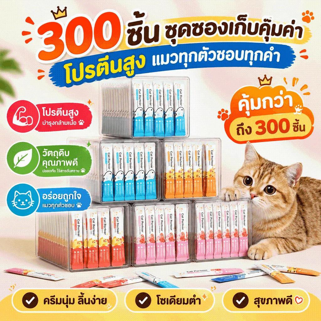 Ketzuzu】[300 ซอง] ขนมแมวเลีย 16g อาหารเสริมแมว โปรตีนสูง ย่อยง่าย ทอรีน 5 รส ทูน่า แซลมอน ไก่ วัว ปลาค็อด สําหรับแมว