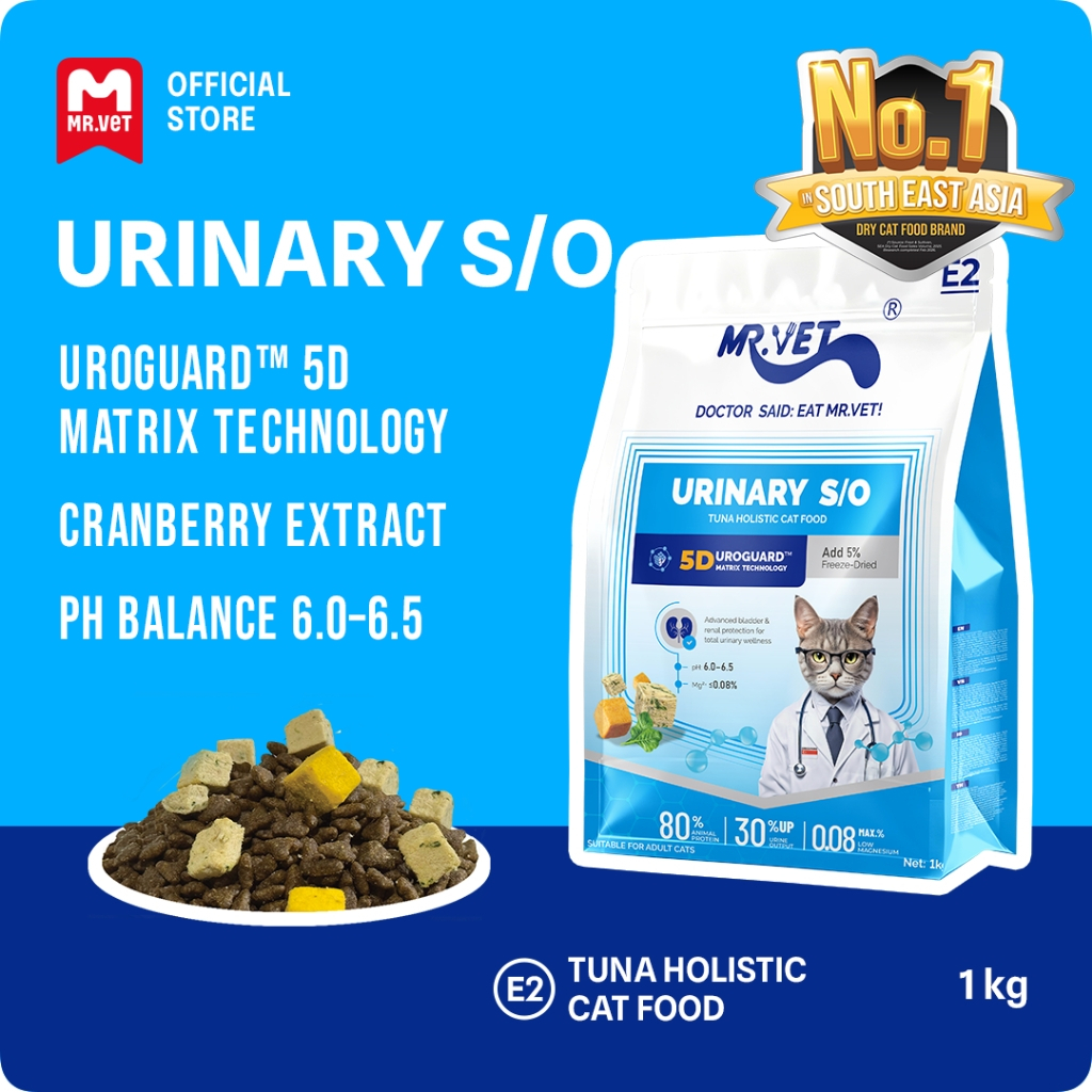 MR.Vet E2 UroGuardTM 5D Matrix อาหารแมว 1KG – รองรับปัสสาวะ Tract & Kidney Health, Balances pH, ป้องกันภาพหิน, โปรตีนสูง 30% จากทูน่าและไก่สด