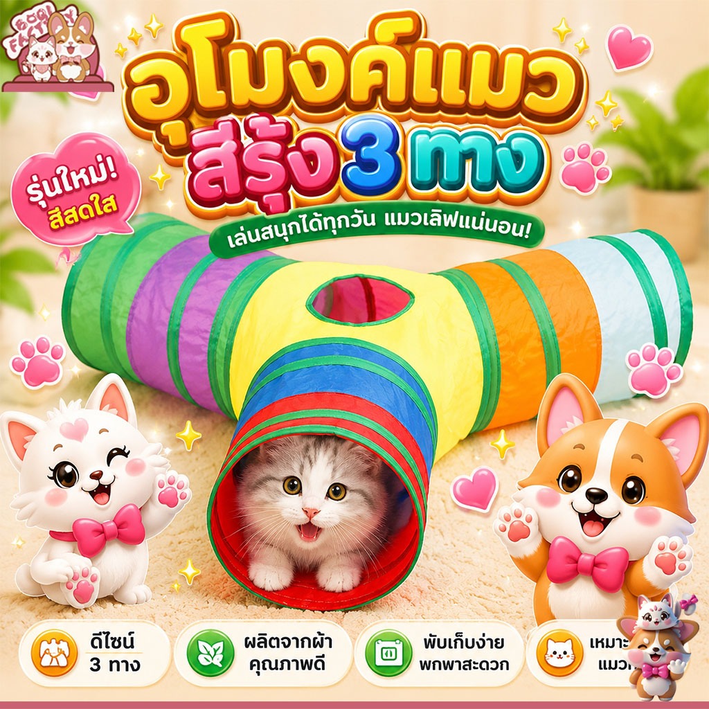 อุโมงค์แมว 3 ทาง ของเล่นแมว พับเก็บได้ พร้อมลูกบอลแขวน เสริมความสนุก CS-78Y