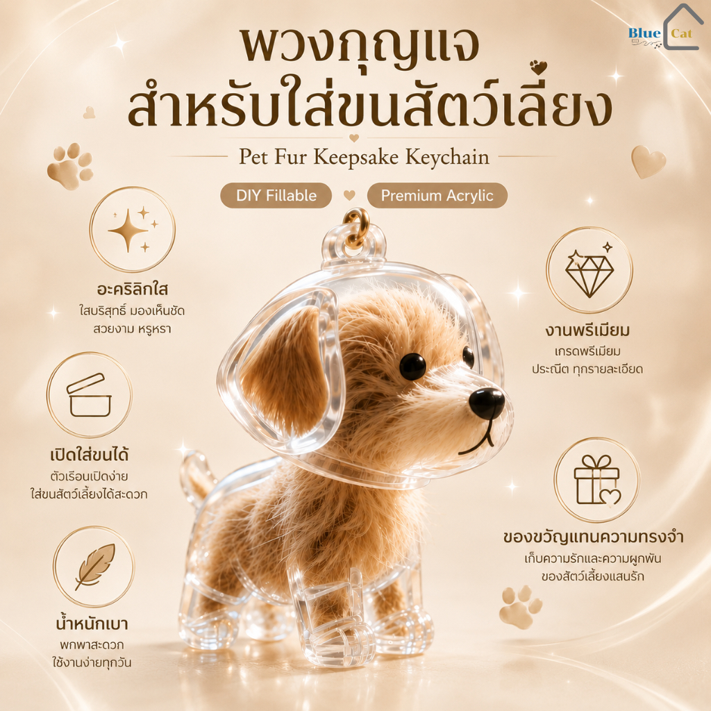 พวงกุญแจใส่ขนสัตว์เลี้ยง อะคริลิกใส DIY พวงกุญแจเก็บขนสุนัข แมว เก็บความทรงจําสัตว์เลี้ยง