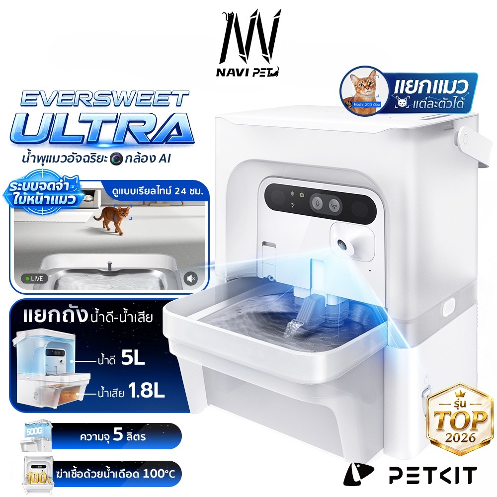 PETKIT Eversweet Ultra with Camera AI น้ําพุแมวมาพร้อมกล้อง Ai อัจฉริยะ รุ่นTop น้ําพุแมวอัตโนมัติ 5L ประกัน1ปี