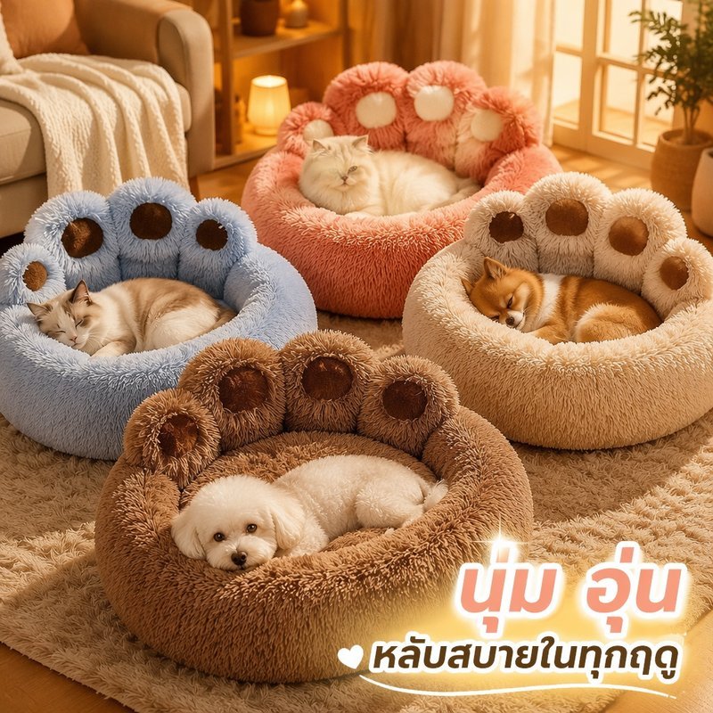ที่นอนสัตว์เลี้ยง เบาะนอนแมว เบาะนอนสุนัข ขนนุ่มหนา พื้นกันลื่น ทรงอุ้งเท้า ซักได้