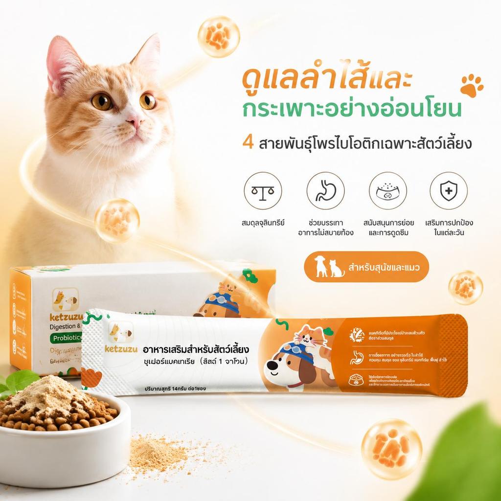 Ketzuzu 12/24 แพ็ค อาหารเสริมแมว อาหารเสริมแมวให้อ้วน โปรไบโอติกผง สําหรับแมวดูดซึมไม่ดี 14g