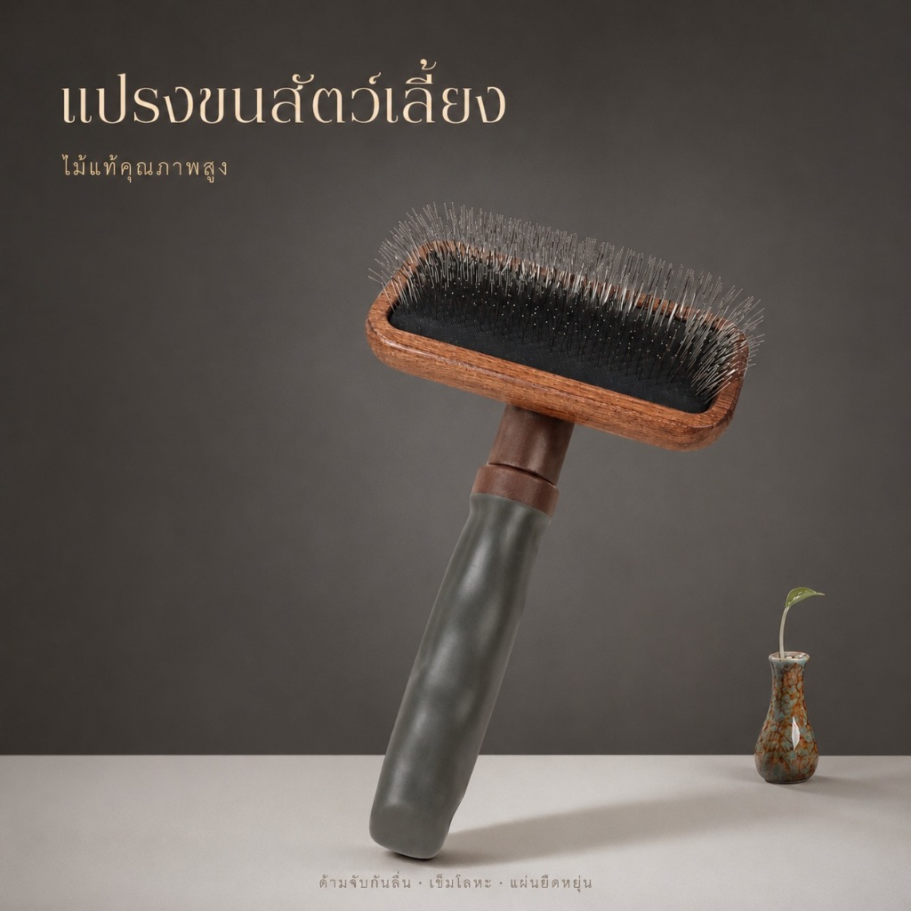 แปรงขนสัตว์เลี้ยง ไม้แท้ธรรมชาติ ดูแลขนน้องได้ทุกวัน เข็มงอ 135° คลายปมนุ่มนวล แผ่นรองยืดหยุ่น ด้ามจับ TPR กันลื่น สําหรับสุนัข-แมว
