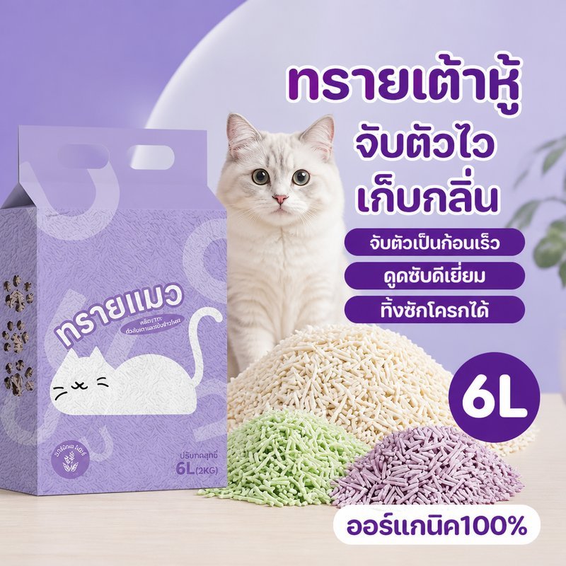 ทรายแมวเต้าหู้ 6 ลิตร ออร์แกนิค จับตัวเป็นก้อนเร็ว ลดกลิ่น ฝุ่นน้อย ทิ้งชักโครกได้ 4 กลิ่น