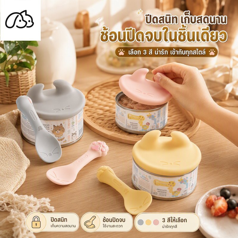ฝาปิดกระป๋องอาหารสัตว์เลี้ยง ซิลิโคน กันรั่ว เก็บสด ฝาครอบกระป๋องอาหารแมว พร้อมช้อนตัก